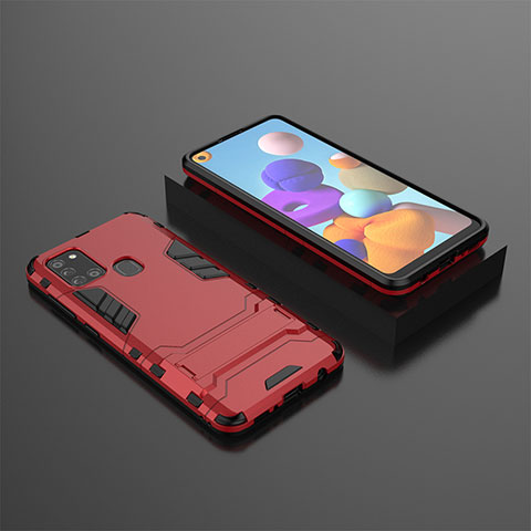 Funda Bumper Silicona y Plastico Mate Carcasa con Soporte para Samsung Galaxy A21s Rojo