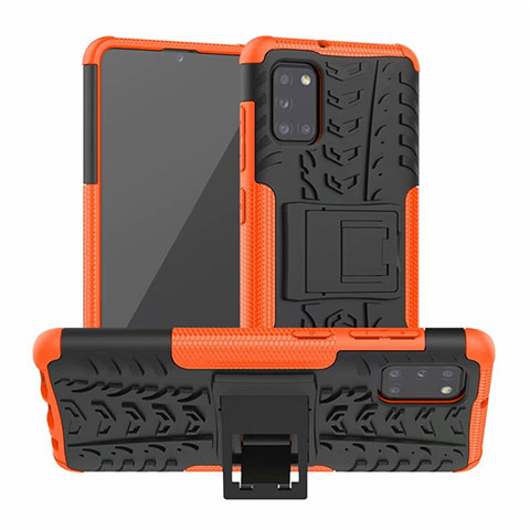 Funda Bumper Silicona y Plastico Mate Carcasa con Soporte para Samsung Galaxy A31 Naranja