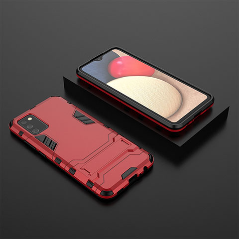 Funda Bumper Silicona y Plastico Mate Carcasa con Soporte para Samsung Galaxy F02S SM-E025F Rojo