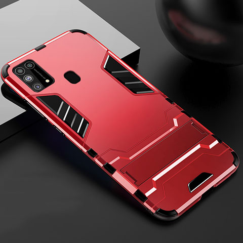 Funda Bumper Silicona y Plastico Mate Carcasa con Soporte para Samsung Galaxy M21s Rojo