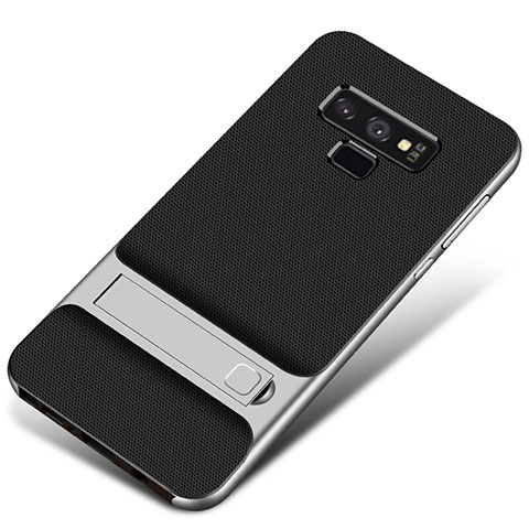 Funda Bumper Silicona y Plastico Mate Carcasa con Soporte para Samsung Galaxy Note 9 Plata