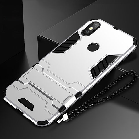 Funda Bumper Silicona y Plastico Mate Carcasa con Soporte para Xiaomi Mi Mix 3 Plata