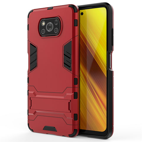 Funda Bumper Silicona y Plastico Mate Carcasa con Soporte para Xiaomi Poco X3 NFC Rojo