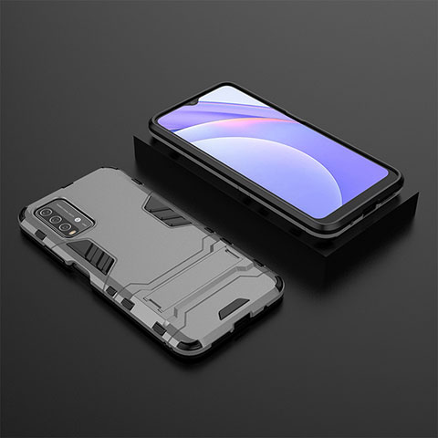 Funda Bumper Silicona y Plastico Mate Carcasa con Soporte para Xiaomi Redmi 9T 4G Gris