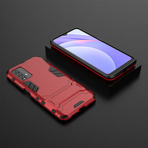 Funda Bumper Silicona y Plastico Mate Carcasa con Soporte para Xiaomi Redmi 9T 4G Rojo