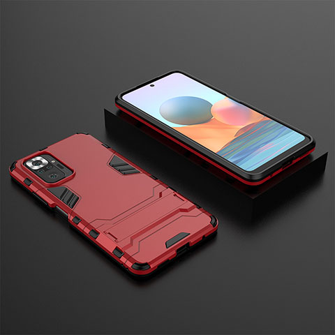 Funda Bumper Silicona y Plastico Mate Carcasa con Soporte para Xiaomi Redmi Note 10 Pro 4G Rojo