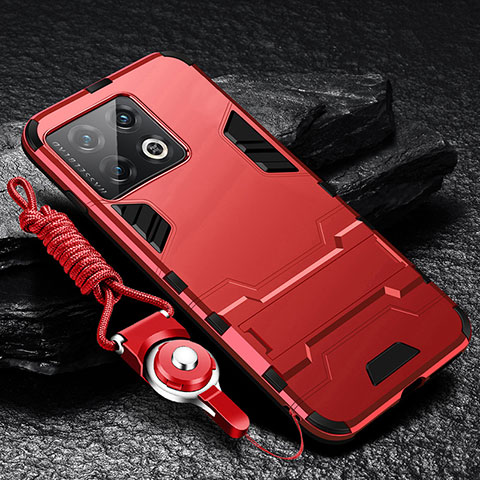 Funda Bumper Silicona y Plastico Mate Carcasa con Soporte R01 para OnePlus 10 Pro 5G Rojo