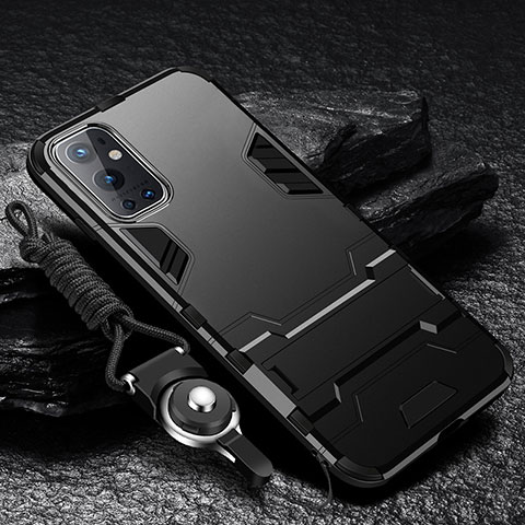 Funda Bumper Silicona y Plastico Mate Carcasa con Soporte R01 para OnePlus 9 Pro 5G Negro