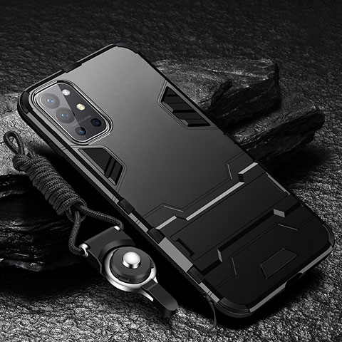 Funda Bumper Silicona y Plastico Mate Carcasa con Soporte R01 para OnePlus 9R 5G Negro