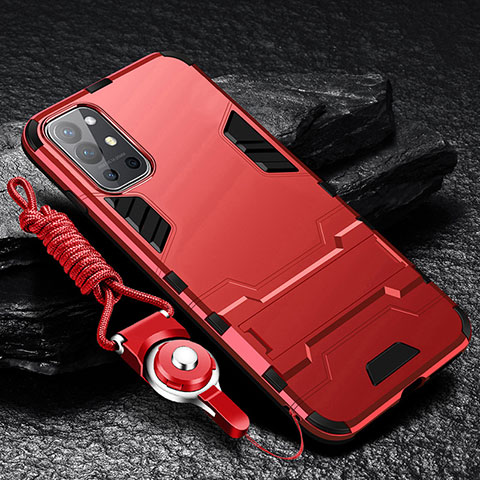 Funda Bumper Silicona y Plastico Mate Carcasa con Soporte R01 para OnePlus 9R 5G Rojo