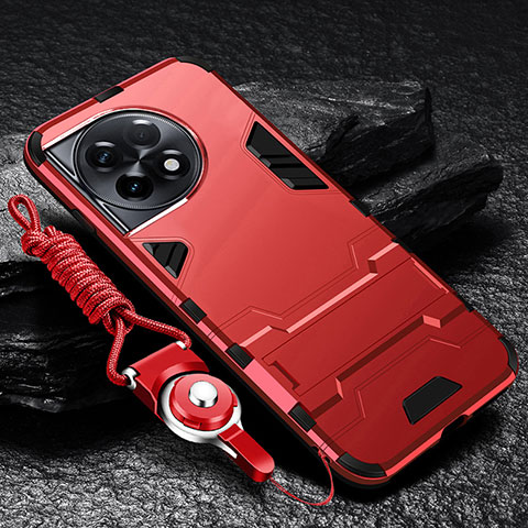 Funda Bumper Silicona y Plastico Mate Carcasa con Soporte R01 para OnePlus Ace 2 Pro 5G Rojo