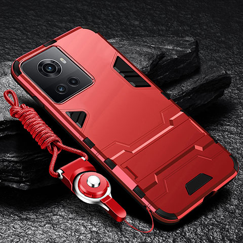 Funda Bumper Silicona y Plastico Mate Carcasa con Soporte R01 para OnePlus Ace 5G Rojo