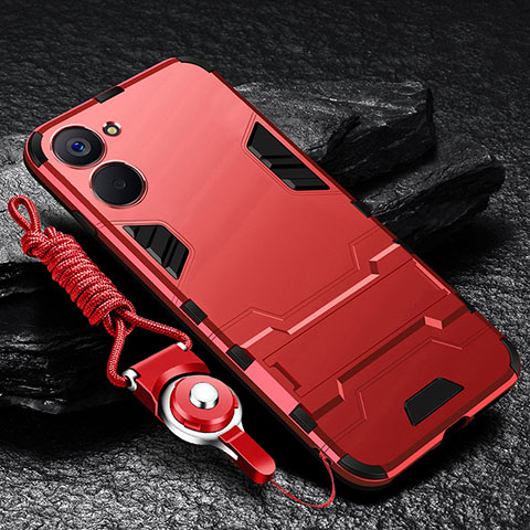 Funda Bumper Silicona y Plastico Mate Carcasa con Soporte R01 para Realme 10S 5G Rojo