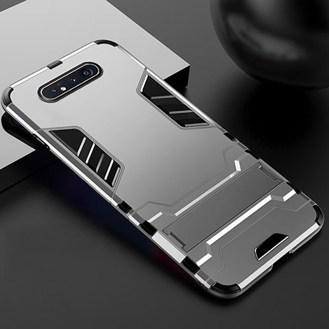 Funda Bumper Silicona y Plastico Mate Carcasa con Soporte R01 para Samsung Galaxy A80 Plata