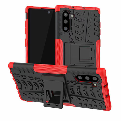 Funda Bumper Silicona y Plastico Mate Carcasa con Soporte R01 para Samsung Galaxy Note 10 Rojo