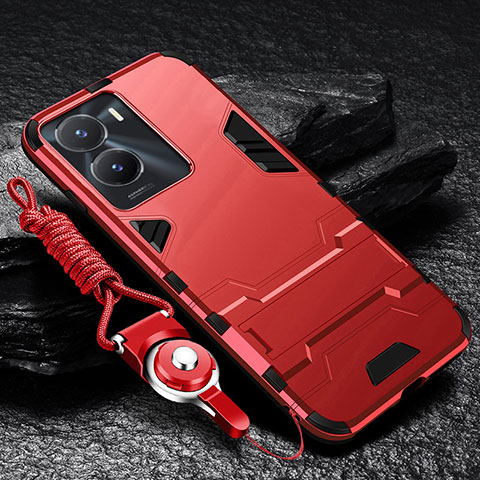 Funda Bumper Silicona y Plastico Mate Carcasa con Soporte R01 para Vivo iQOO Z7i 5G Rojo