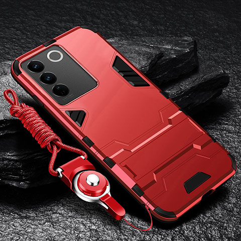 Funda Bumper Silicona y Plastico Mate Carcasa con Soporte R01 para Vivo V27 5G Rojo