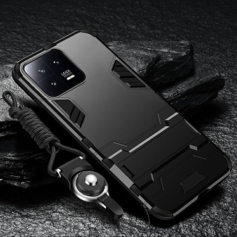 Funda Bumper Silicona y Plastico Mate Carcasa con Soporte R01 para Xiaomi Mi 13 5G Negro