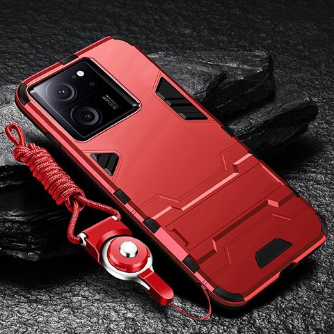 Funda Bumper Silicona y Plastico Mate Carcasa con Soporte R01 para Xiaomi Mi 13T 5G Rojo