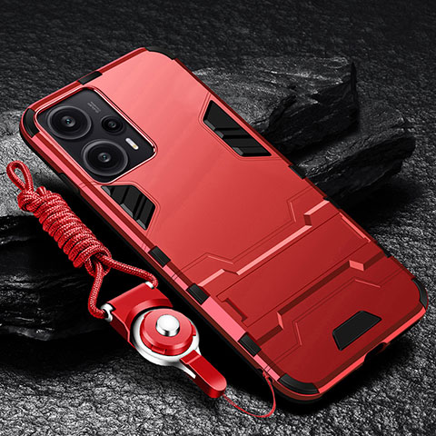 Funda Bumper Silicona y Plastico Mate Carcasa con Soporte R01 para Xiaomi Poco F5 5G Rojo