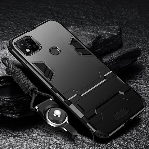 Funda Bumper Silicona y Plastico Mate Carcasa con Soporte R01 para Xiaomi Redmi 9C Negro