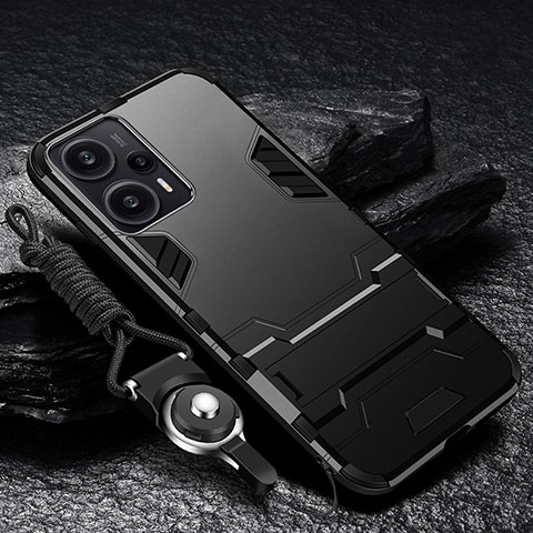 Funda Bumper Silicona y Plastico Mate Carcasa con Soporte R01 para Xiaomi Redmi Note 12 Turbo 5G Negro