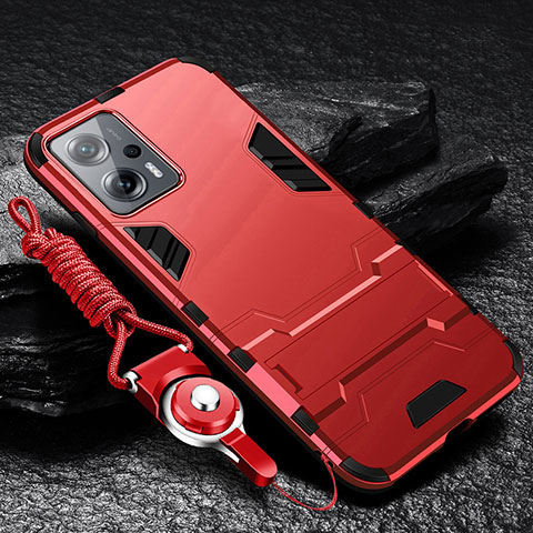 Funda Bumper Silicona y Plastico Mate Carcasa con Soporte R01 para Xiaomi Redmi Note 12T Pro 5G Rojo