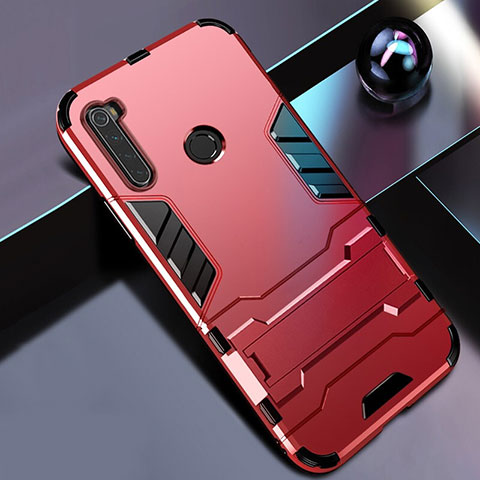 Funda Bumper Silicona y Plastico Mate Carcasa con Soporte R01 para Xiaomi Redmi Note 8 (2021) Rojo