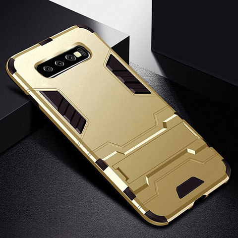 Funda Bumper Silicona y Plastico Mate Carcasa con Soporte R02 para Samsung Galaxy S10 Oro