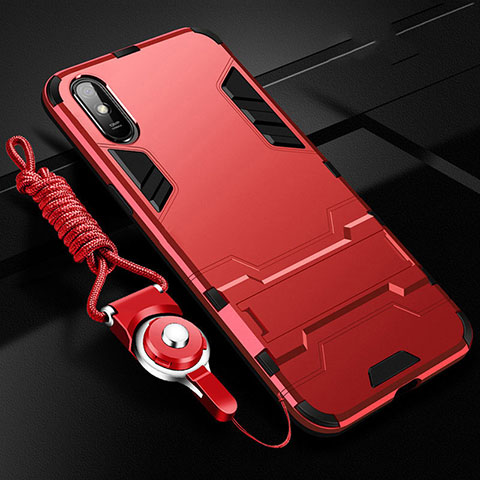 Funda Bumper Silicona y Plastico Mate Carcasa con Soporte R02 para Xiaomi Redmi 9A Rojo