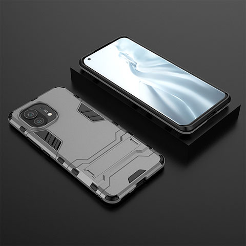 Funda Bumper Silicona y Plastico Mate Carcasa con Soporte R03 para Xiaomi Mi 11 Lite 5G NE Gris