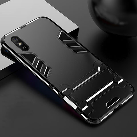 Funda Bumper Silicona y Plastico Mate Carcasa con Soporte R03 para Xiaomi Redmi 9i Negro