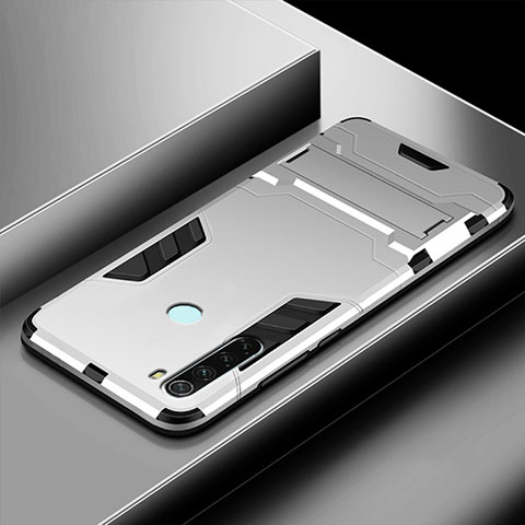 Funda Bumper Silicona y Plastico Mate Carcasa con Soporte R03 para Xiaomi Redmi Note 8T Plata