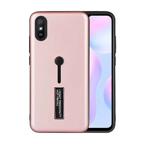 Funda Bumper Silicona y Plastico Mate Carcasa con Soporte R05 para Xiaomi Redmi 9i Oro Rosa