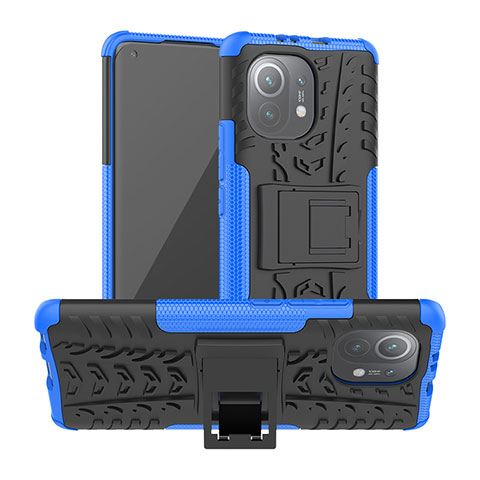 Funda Bumper Silicona y Plastico Mate Carcasa con Soporte R06 para Xiaomi Mi 11 Lite 4G Azul