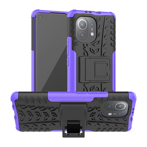 Funda Bumper Silicona y Plastico Mate Carcasa con Soporte R06 para Xiaomi Mi 11 Lite 5G Morado