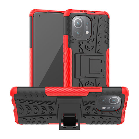 Funda Bumper Silicona y Plastico Mate Carcasa con Soporte R06 para Xiaomi Mi 11 Lite 5G NE Rojo