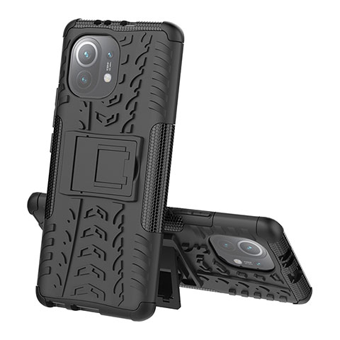 Funda Bumper Silicona y Plastico Mate Carcasa con Soporte R07 para Xiaomi Mi 11 5G Negro