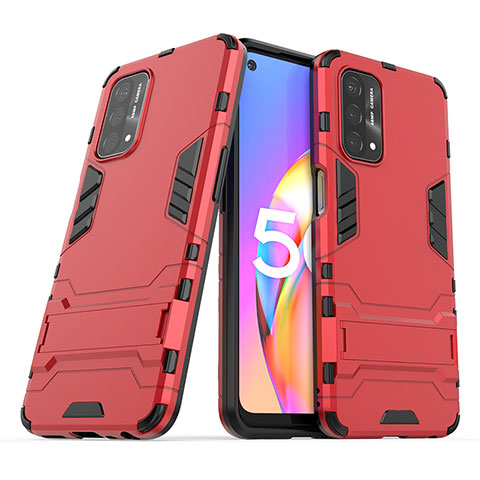 Funda Bumper Silicona y Plastico Mate Carcasa con Soporte T01 para Oppo A54 5G Rojo