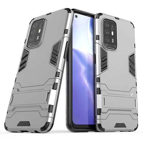 Funda Bumper Silicona y Plastico Mate Carcasa con Soporte T01 para Oppo F19 Pro+ Plus 5G Gris