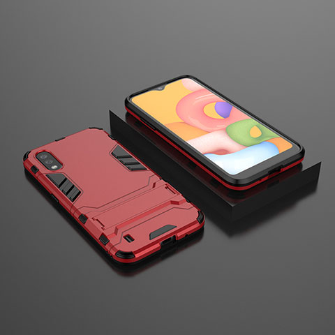 Funda Bumper Silicona y Plastico Mate Carcasa con Soporte T01 para Samsung Galaxy A01 SM-A015 Rojo
