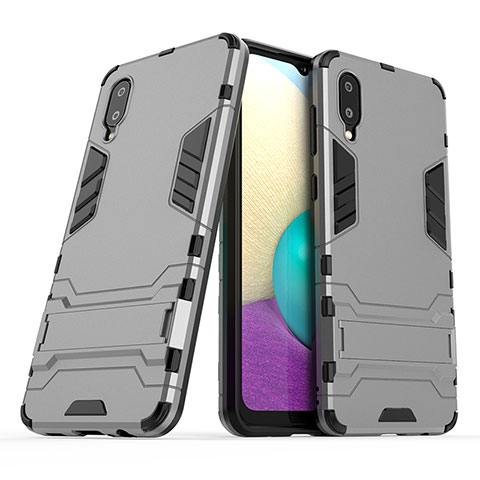 Funda Bumper Silicona y Plastico Mate Carcasa con Soporte T01 para Samsung Galaxy A02 Gris