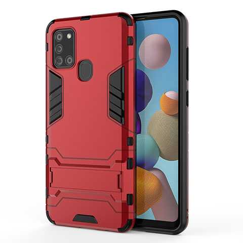 Funda Bumper Silicona y Plastico Mate Carcasa con Soporte T01 para Samsung Galaxy A21s Rojo