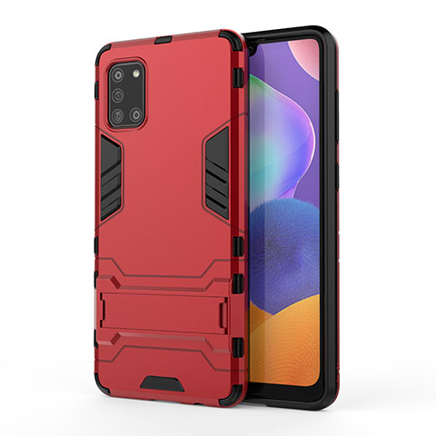 Funda Bumper Silicona y Plastico Mate Carcasa con Soporte T01 para Samsung Galaxy A31 Rojo