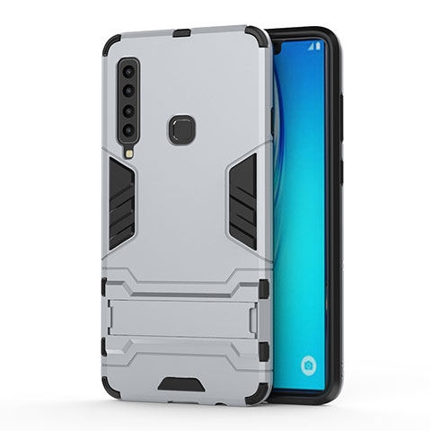 Funda Bumper Silicona y Plastico Mate Carcasa con Soporte T01 para Samsung Galaxy A9 Star Pro Plata