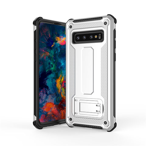 Funda Bumper Silicona y Plastico Mate Carcasa con Soporte T01 para Samsung Galaxy S10 5G Plata