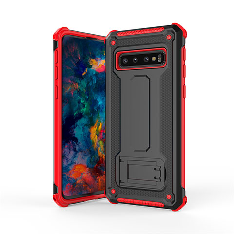 Funda Bumper Silicona y Plastico Mate Carcasa con Soporte T01 para Samsung Galaxy S10 Rojo y Negro