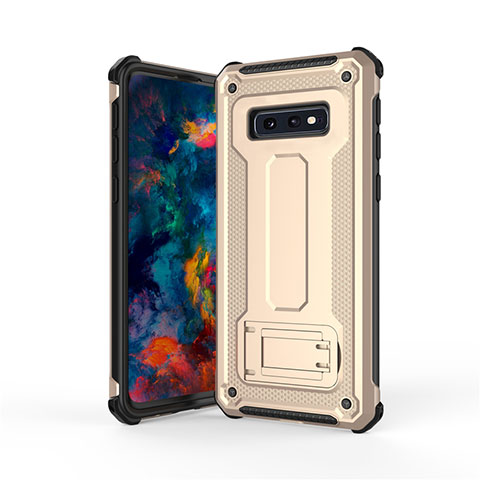 Funda Bumper Silicona y Plastico Mate Carcasa con Soporte T01 para Samsung Galaxy S10e Oro y Negro