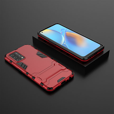 Funda Bumper Silicona y Plastico Mate Carcasa con Soporte T02 para Oppo A74 4G Rojo