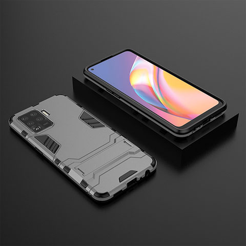 Funda Bumper Silicona y Plastico Mate Carcasa con Soporte T02 para Oppo F19 Pro Gris